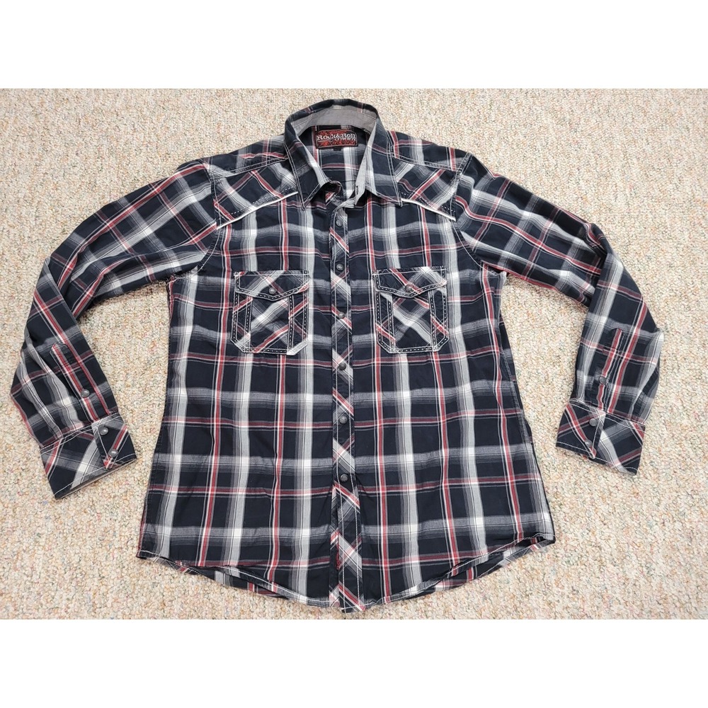 Rock & Roll Cowboy Western Pearl Snap Shirt Mens Large Black Red Plaid Rodeo